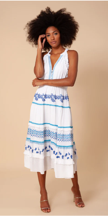 Becky Embroidered Crinkle Gauze Midi Dress