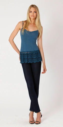Blue Lace Trimmed Knit Tank Top