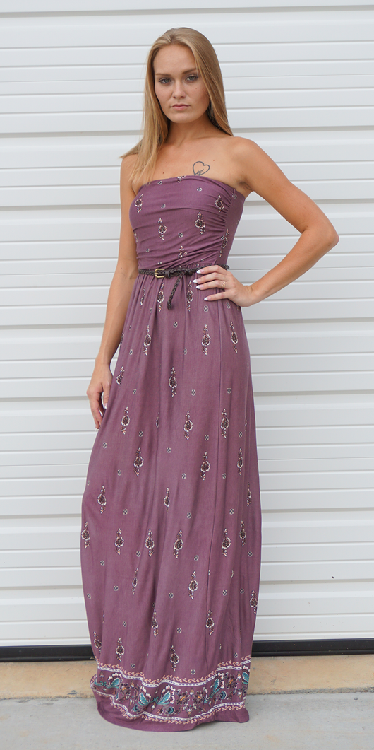 Plum Purple Tube Top Strapless Floral Maxi Dress