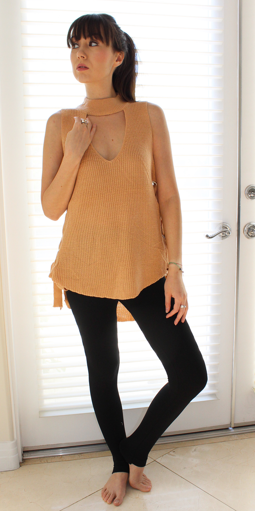 Choker Neck Lace Up Sleeveless Knit Sweater