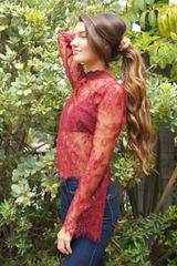 Red Long Sleeve Floral Lace Top