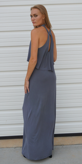 Grey Layered Choker V Neck Halter Maxi Dress