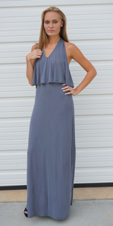 Grey Layered Choker V Neck Halter Maxi Dress