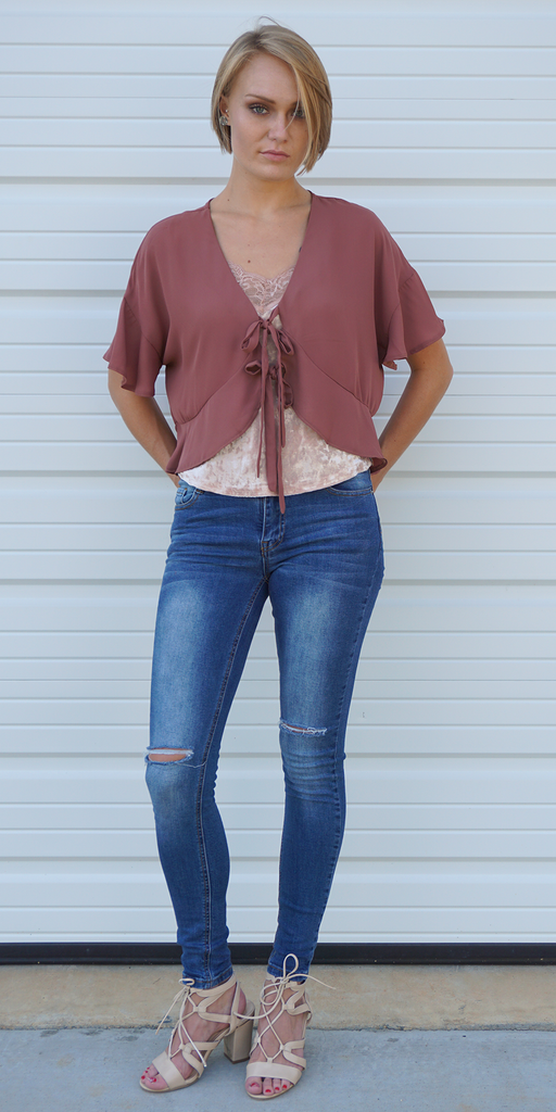 Ruffle Sleeve Tie Front Blouse