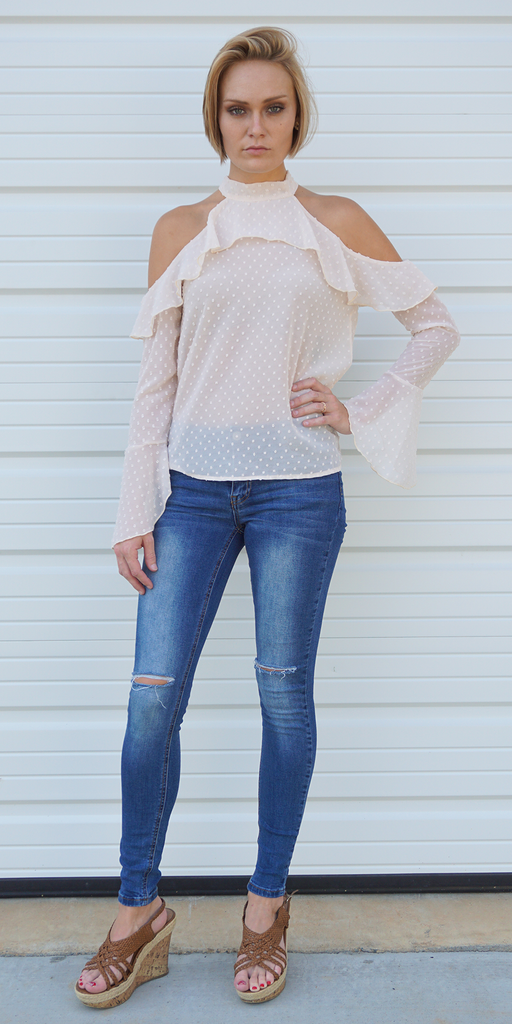 Sheer Dot Cold Shoulder Ruffle Top