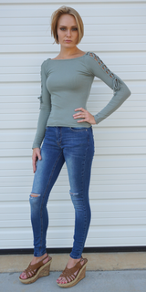 Light Green Lace Up Sleeve Ribbed Knit Top