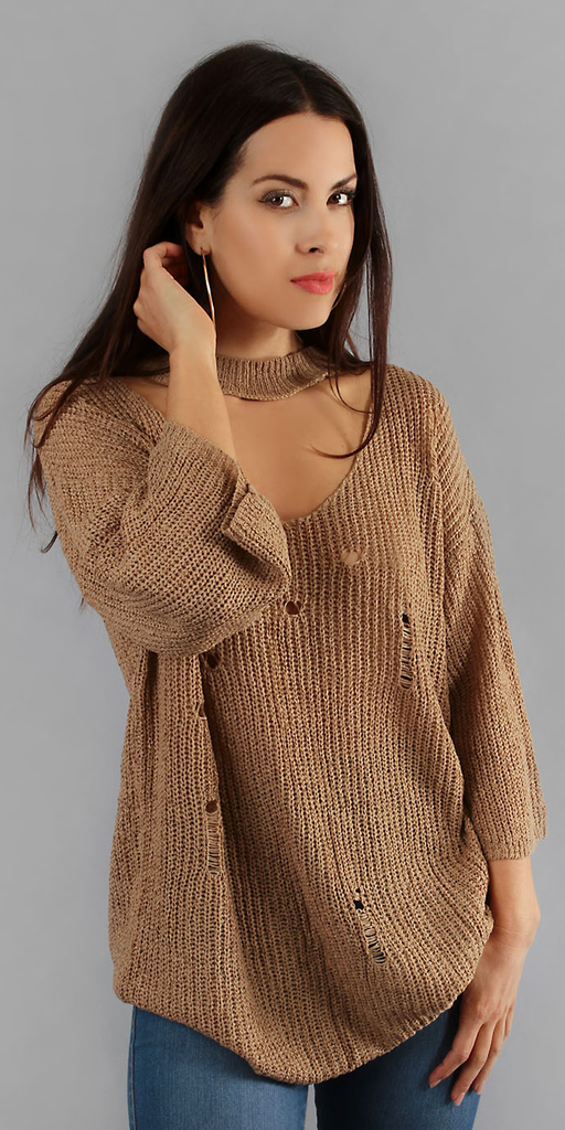 Distressed Choker Neck Sweater