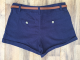 Navy Blue Belted Linen Girlfriend Shorts