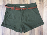 Belted Green Linen Girlfriend Shorts