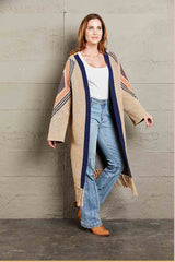 Angel Wings Geometric Fringe Hem Open Front Duster Cardigan