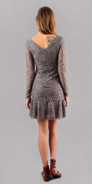 Long Sleeve Grey Floral Lace Dress