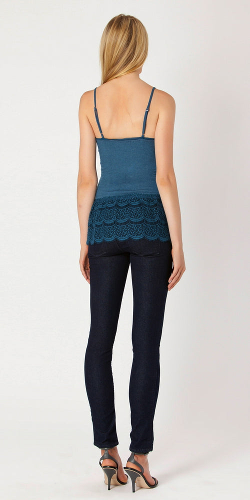 Blue Lace Trimmed Knit Tank Top