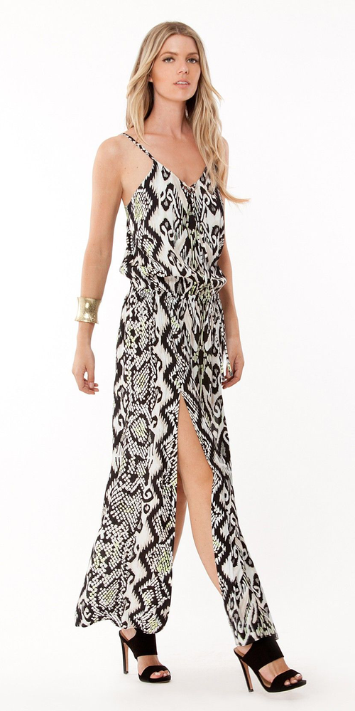 Black And White Printed Crepe Double Slit Maxi Dress