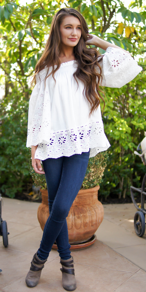 Ivory Floral Eyelet Tunic Top