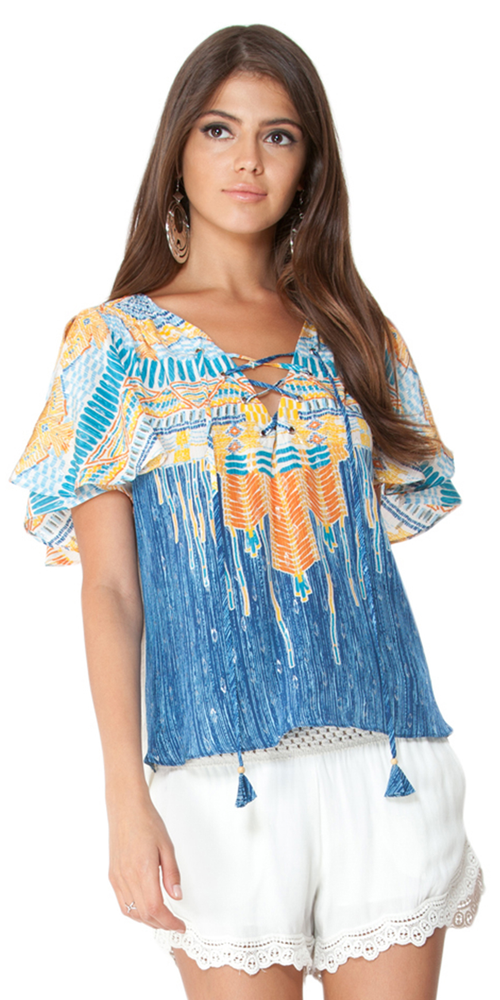 Blue Printed Lace Up Silk Top