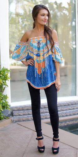 Blue Rayon Printed Off Shoulder Top