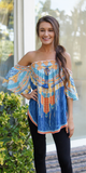 Blue Rayon Printed Off Shoulder Top