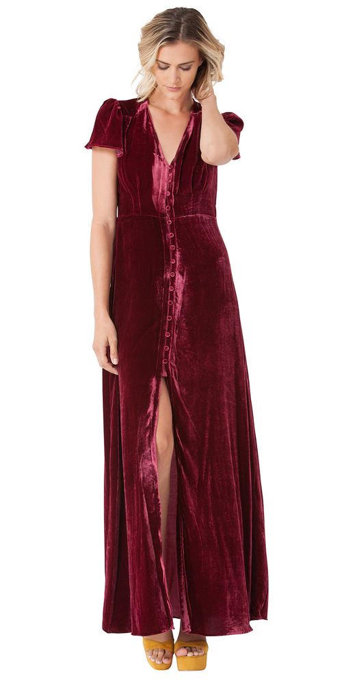 Red Flutter Sleeve Silk Velvet Maxi Dress