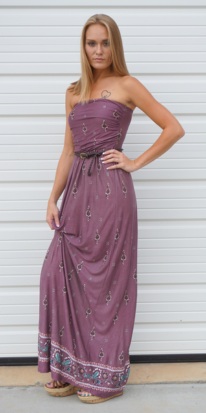 Plum Purple Tube Top Strapless Floral Maxi Dress