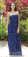 Navy Blue Tube Top Strapless Floral Maxi Dress