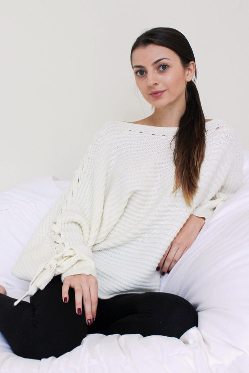 Ivory Oversized Tie Sleeve Sweater