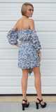 Blue White Off Shoulder Mini Floral Dress