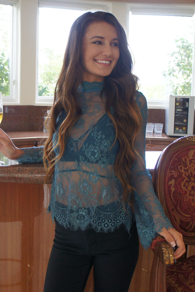 Teal Blue Long Sleeve Floral Lace Top
