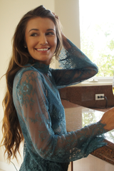 Teal Blue Long Sleeve Floral Lace Top