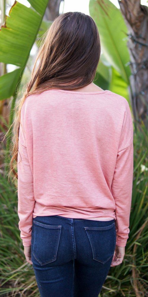 Pink Long Sleeve Knot Front Knit Top