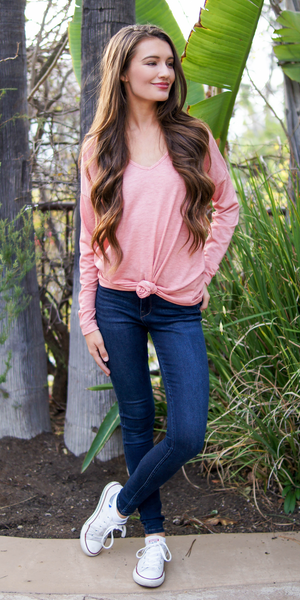 Pink Long Sleeve Knot Front Knit Top