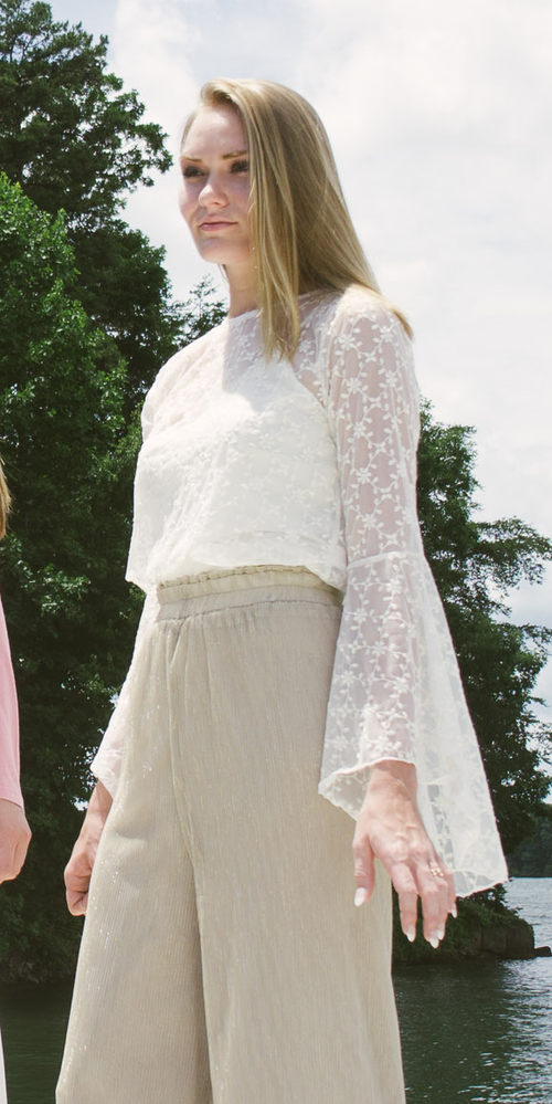 Bell Sleeve Floral Embroidered Mesh Top