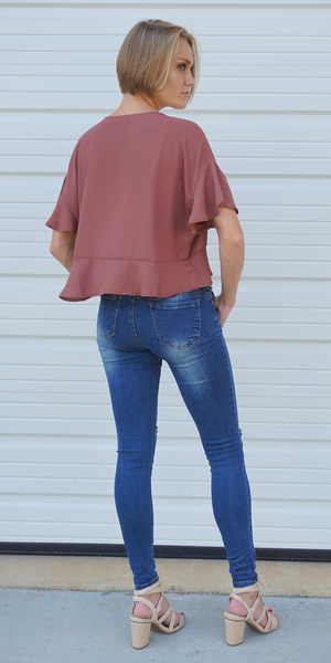 Amber Red Ruffle Sleeve Tie Front Blouse
