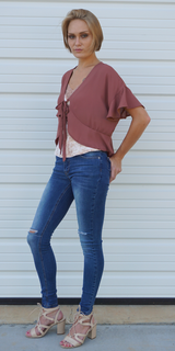 Amber Red Ruffle Sleeve Tie Front Blouse
