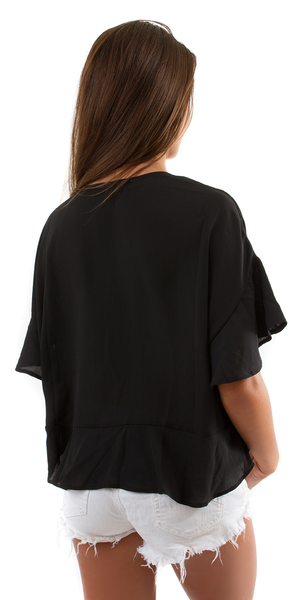 Black Ruffle Sleeve Tie Front Blouse