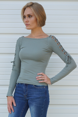 Light Green Lace Up Sleeve Ribbed Knit Top