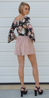 Pink High Waisted Pleated Suede Shorts