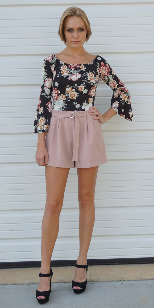 Pink High Waisted Pleated Suede Shorts