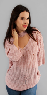 Pink Distressed Choker Neck Sweater