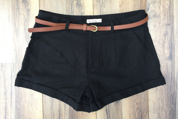 Belted Black Linen Girlfriend Shorts