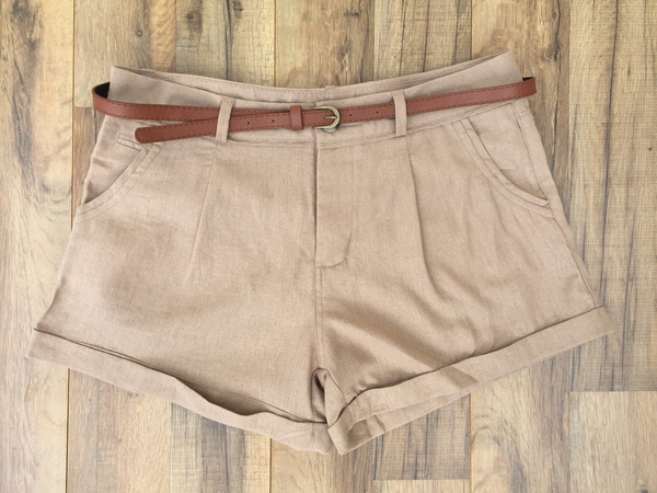 Khaki Belted Linen Girlfriend Shorts