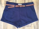 Navy Blue Belted Linen Girlfriend Shorts
