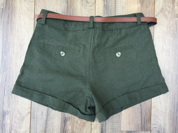 Belted Green Linen Girlfriend Shorts
